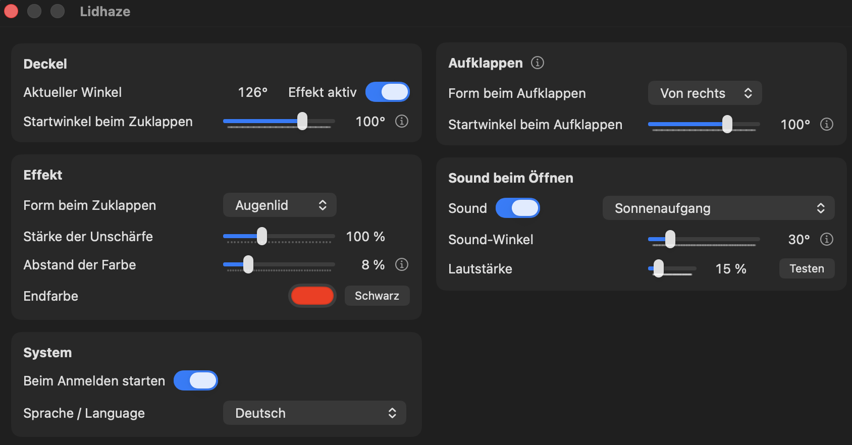 Einstellungsfenster von Lidhaze mit den Bereichen Deckel, Effekt, System, Aufklappen und Sound