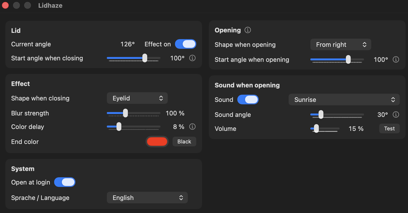 Lidhaze settings window with the sections lid, effect, system, opening and sound